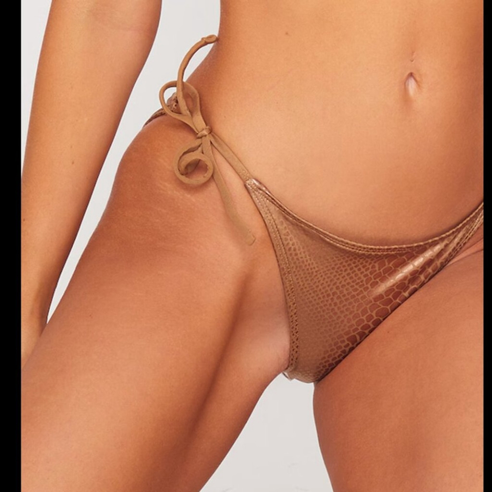 Pretty Little Thing Brown Metallic Snake Tie Side Bikini Bottoms New